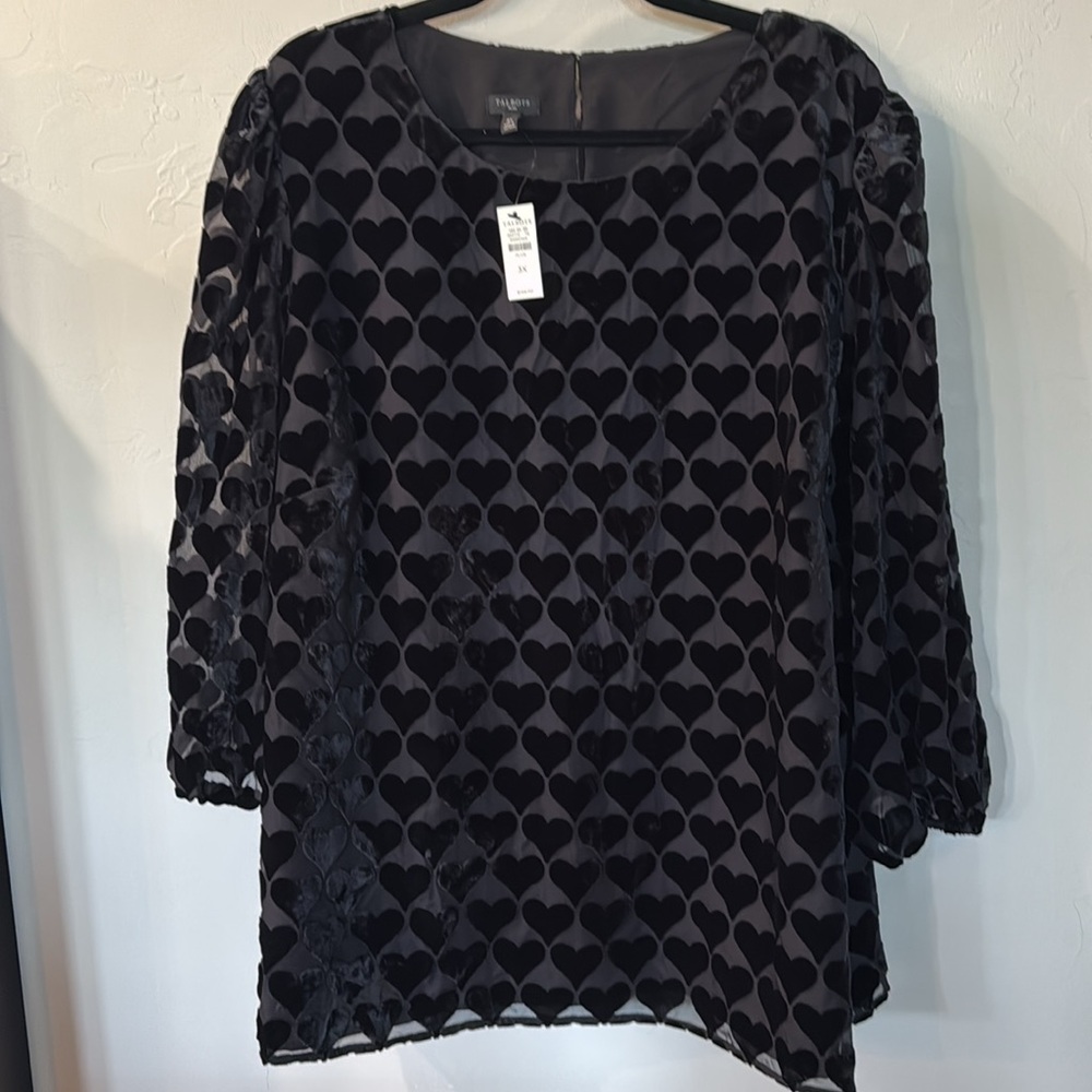 NWT Talbots Plus Size Elegant Black Heart Patterned Women's Top Size 3X